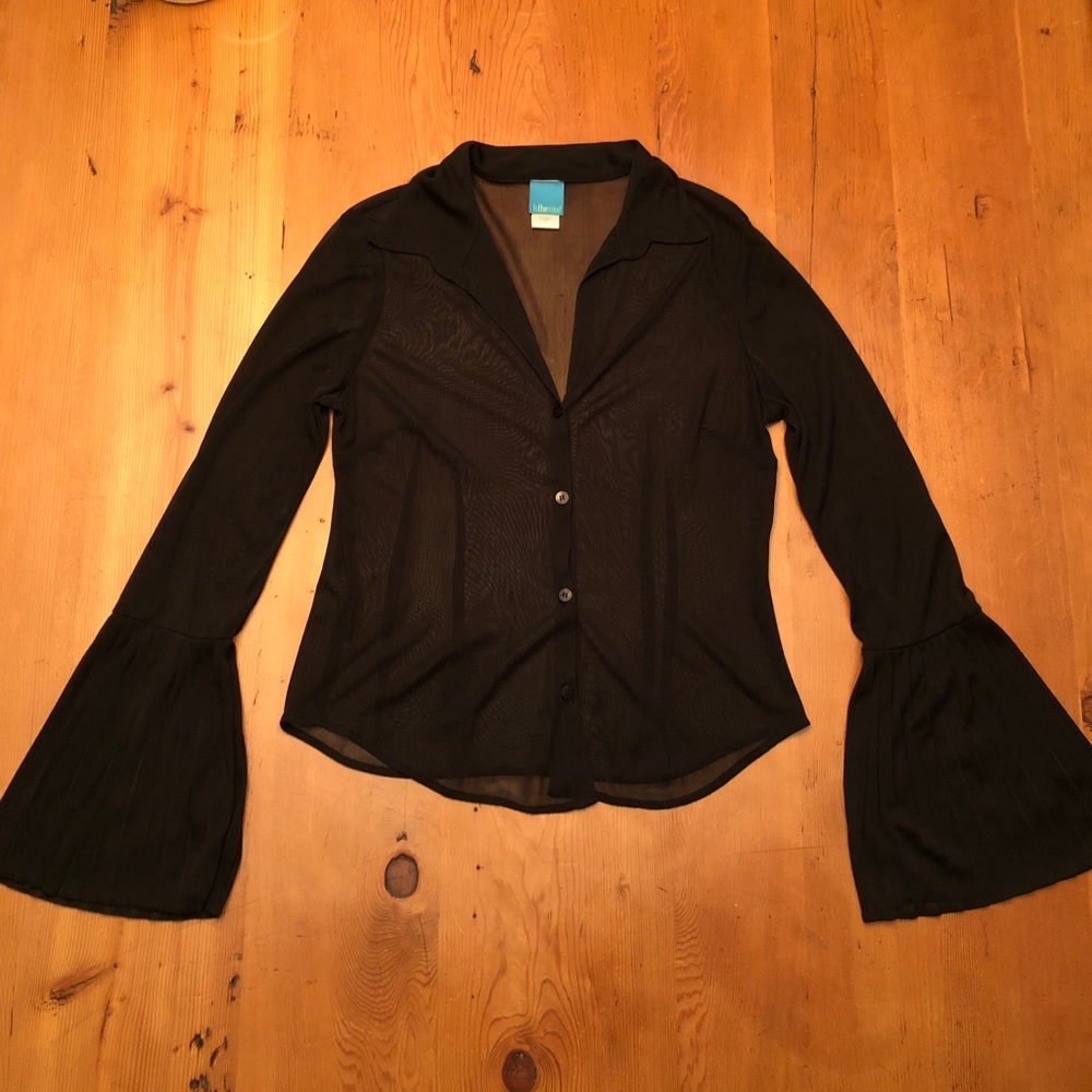 Black blouse with pleated bell sleeves